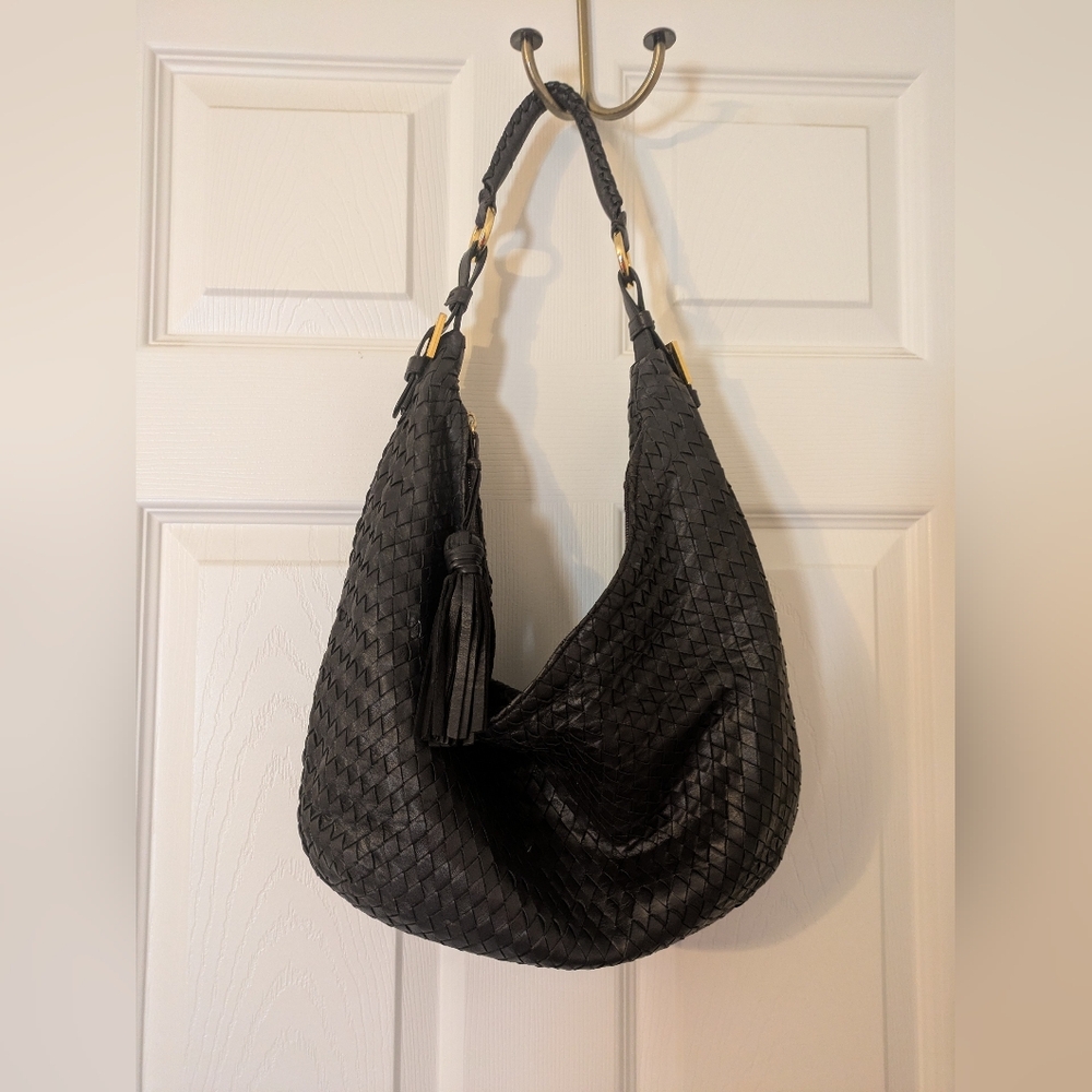 Genuine Leather Made In Italy Dark Brown (Almost Looks Black) Woven Hobo Bag